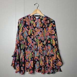 SPENSE BOLD COLOFUL PAISLEY PRINT PLEATED BOHO TUNIC TOP WOMENS SIZE LARGE
